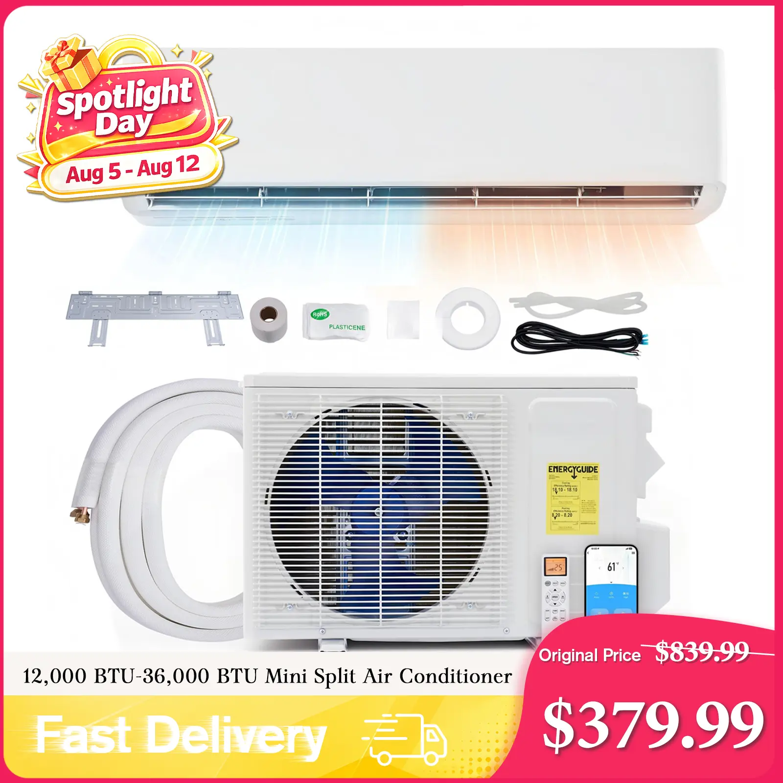 [!!!SHIPS IN 2 BOXES] AMERLIFE 12000 BTU-36,000BTU Mini Split Air Conditioner Heat Pump, Inverter Ductless AC, Cools up to 750-2500 Sq. Ft, Energy-Efficient with Self-Cleaning, Power Cord and Screws not Included