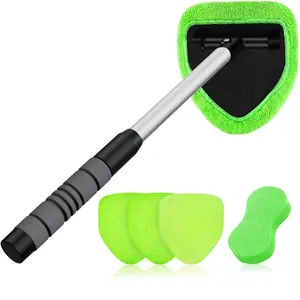 Extendable Window Cleaning Tool with 180-Degree Swivel Head, 8.6in Max Extendable Handle, 5.5in Wide Head, Reusable Microfiber Pads, Stackable End Loader, Comfortable Grip for Car and Home Window Cleaning, Car Interior, Mirrors