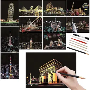 12 Pcs A5 Size Rainbow Scratch Art Paper Kit with Scratching Tools, World Famous City Landmarks Scratch Art for Adults and Kids