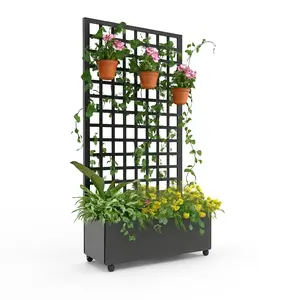 Garvee Galvanized Metal Raised Garden Bed with Square Lattice Trellis and Wheels – 72"x35" Outdoor Planter Box for Climbing Plants, Vegetables, Vines – Privacy Planter with Drainage Holes – Black