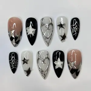 Freestyle Silver Stars Press On Nails, Elegant Fake Nails, Chrome Nails Art, Birthday Party Holiday Nails/ Valentine Nail Set