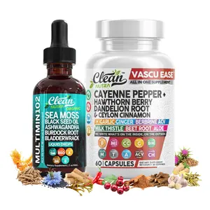 Clean Nutra VitalFlow Duo | Sea Moss, Black Seed Oil, Cayenne Pepper, Hawthorn Berry & More for Circulation Support Stack [MultiMin 102 Liquid Drop + Vascu Ease Capsules]
