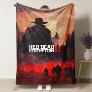 Red Dead Redemption 2 Gang Silhouette Sunset Fleece Blanket – Epic RDR2 Western Game Art Plush Throw, Perfect for Gaming Fans, Ideal for Man Cave, Bedroom or Dorm Decor