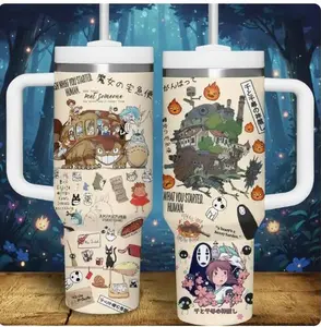 40oz Stainless Steel Insulated Reusable Studio Ghibli Travel Tumbler with Handle, Straw, Totoro, Howl's Moving Castle & Spirited Away Anime Designs - Portable Drinkware Bottle, Perfect Fan Gift Merch Idea