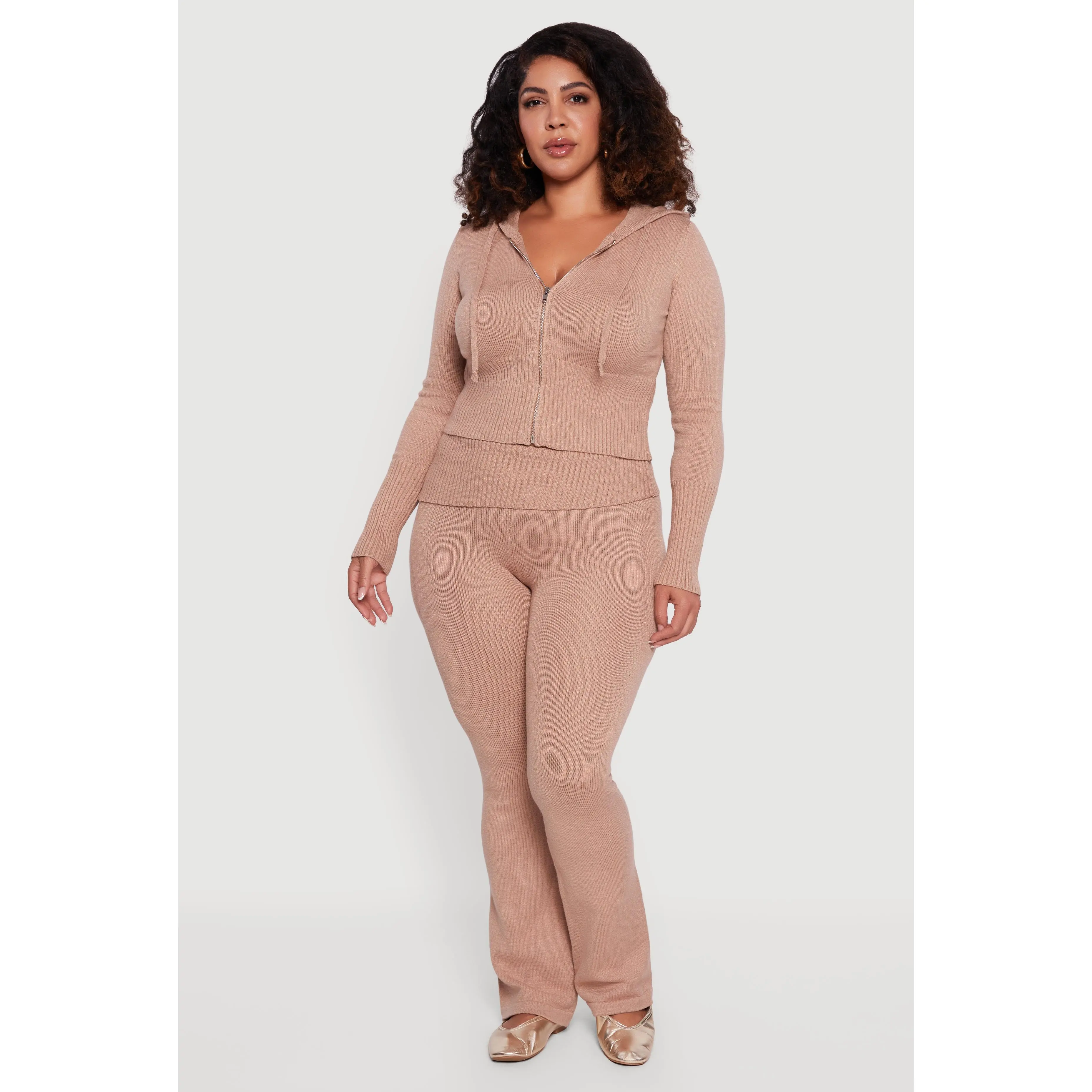 Plus Size Ribbed Knit Fold Over Flare Pants