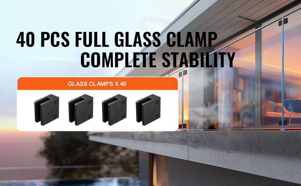 40-Piece Glass Clamp Set For 0.31-0.47 Inch Tempered Glass, 304 Stainless Steel Railing Brackets and Mounting Clamps, Square Glass Shelf Brackets For Balcony, Garden, Deck, Stair, Black