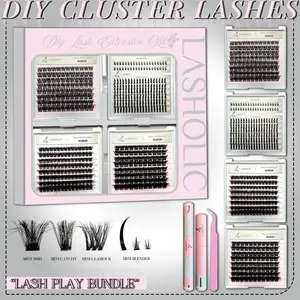 "Lash Play Bundle" 4 Styles Mega & Wispy & Classic & Anime & Bottom Cluster Kit Waterproof Glue Bond Home Lash Extension Makeup Easy Apply Cosmetic Tweezer