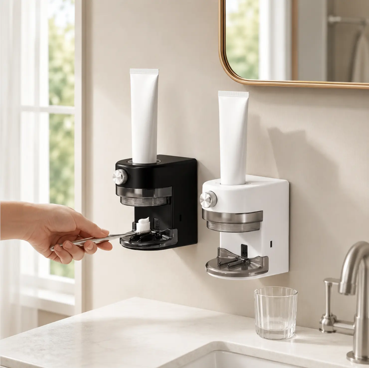 Modern Touchless Automatic Toothpaste Dispenser with Toothbrush Holder - Wall-Mounted, No-Drill Sensor Squeezer, Hygienic Bathroom Organizer for Family Countertops