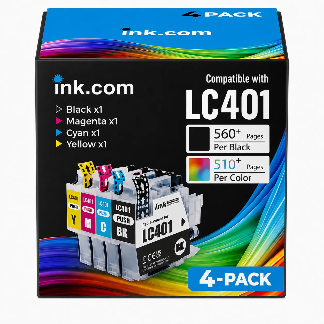 High-Yield Ink Cartridges (4 Pack) by Ink.com, LC401-LC401XL Model, Compatible with Brother Printers (MFC-J1010D, J1012DW, J1170DW, J1800DW, DCP-J1200W)