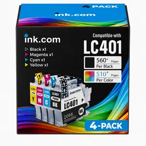 High-Yield Ink Cartridges (4 Pack) by Ink.com, LC401-LC401XL Model, Compatible with Brother Printers (MFC-J1010D, J1012DW, J1170DW, J1800DW, DCP-J1200W)