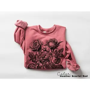 Retro Rose Sweatshirt, Linocut Floral T-shirt, Cottagecore Boho Botanical Shirt, Dark Academia Flower