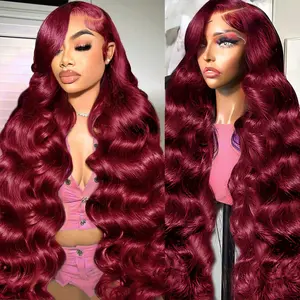 99j Burgundy Lace Front Human Hair Wig Body Wave 13x6 HD Transparent Lace Frontal Wigs 180% Density Red Colored Straight Wig For Women