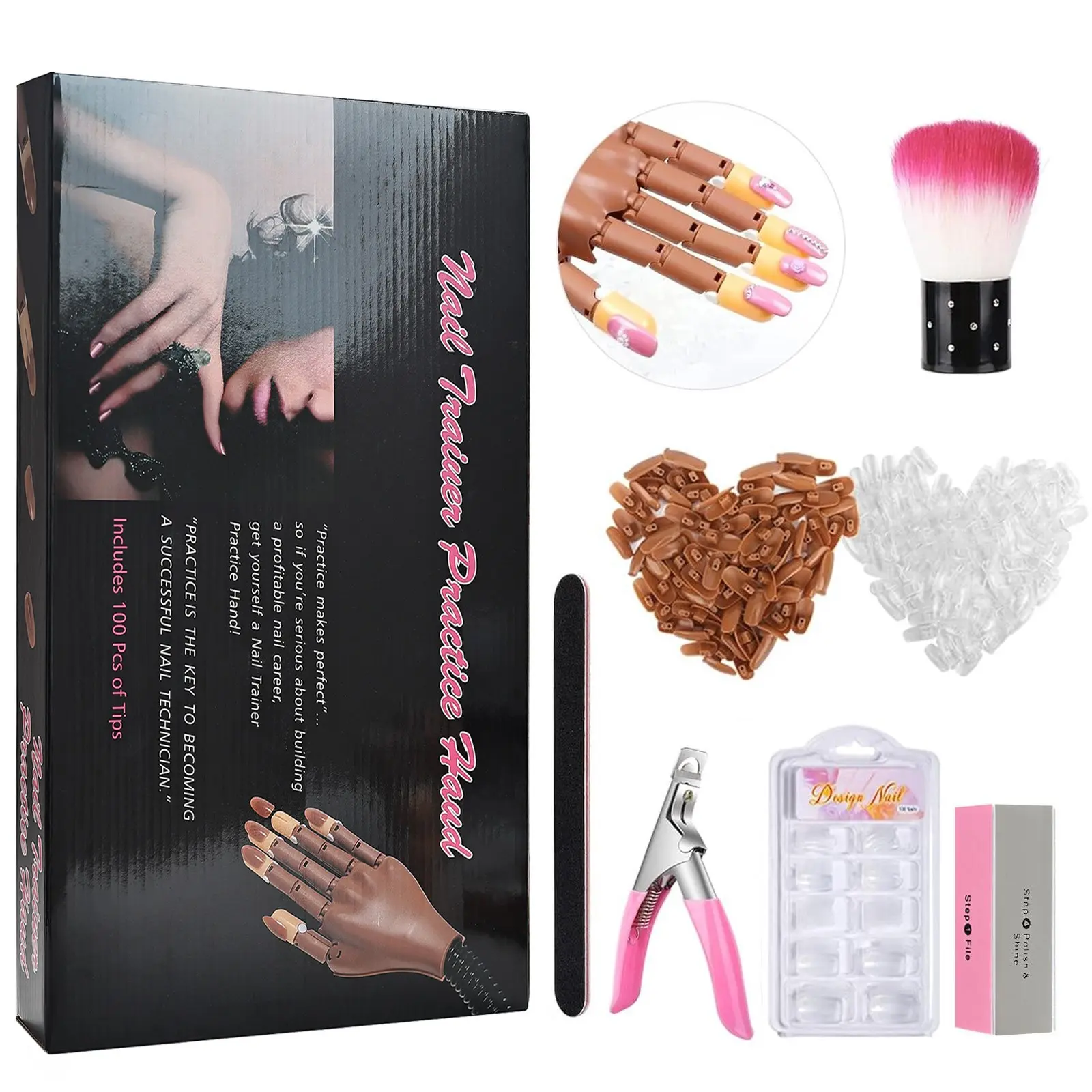 Practice Hand for Acrylic Nails, Flexible Movable Nail Training Mannequin Hand with 300PCS Nail Tips, Nail File, Brush & Clipper, Mannequin Hand Kit, Nail Art Equipment for Nail Art Practice & Beginners
