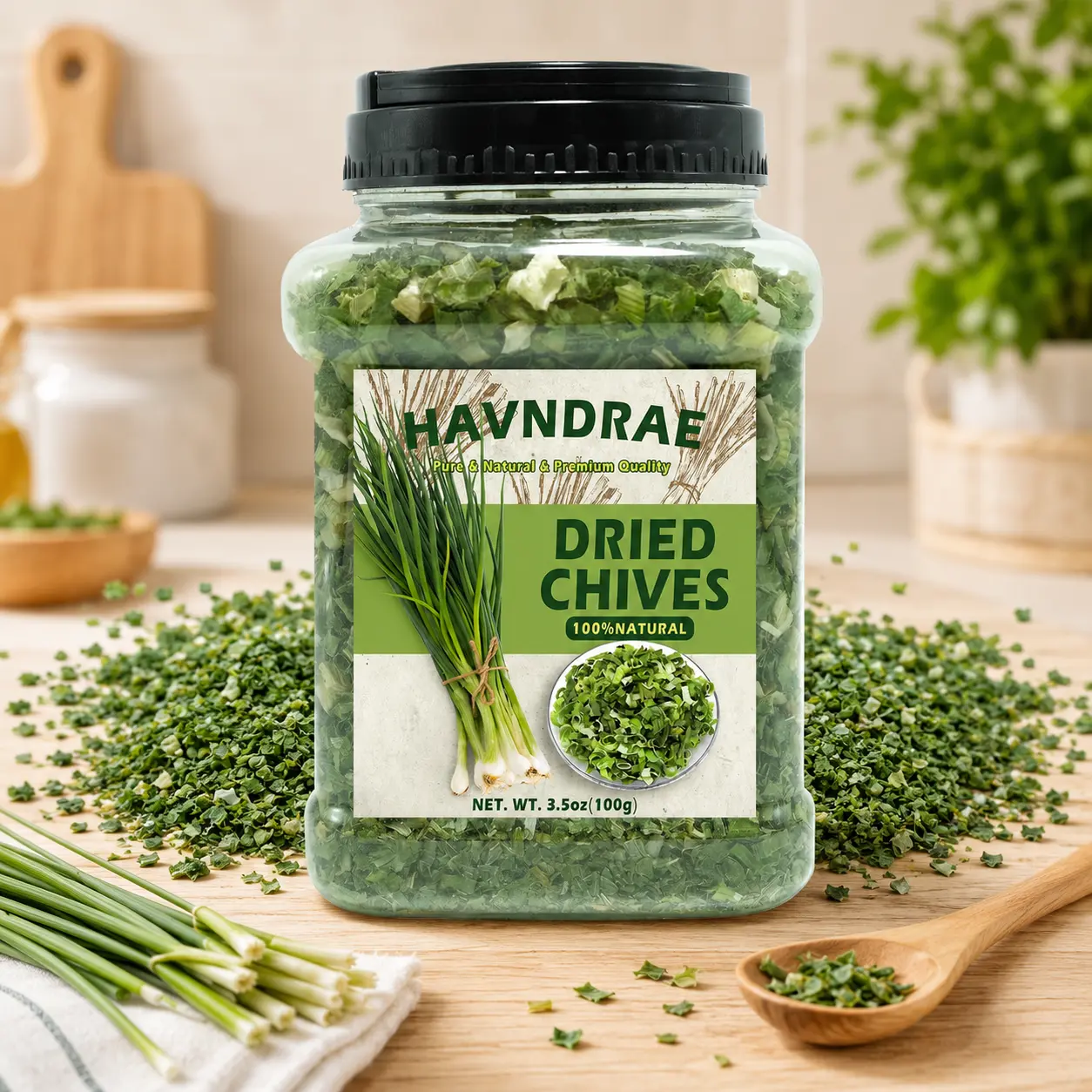 3.53 oz Premium Freeze-Dried Chives Flakes, Natural Thin Delicate Chive Seasoning for Soups, Sauces, Salads & Dips, Gluten-Free, No Additives, Fresh Green Herb for Cooking