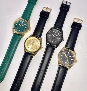 Men's Gold Round Fluted Bezel Shape Leather Strap Luxury Watch