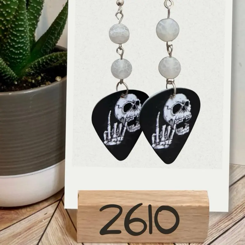 Skull Guitar Pick Dangle Earrings  - 2610