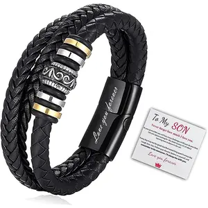 Leather Bracelet for Son, Men's Multi-Layer Braided To My Son Love You Forever Leather Bracelet, Men's Knitting (Black + Card)