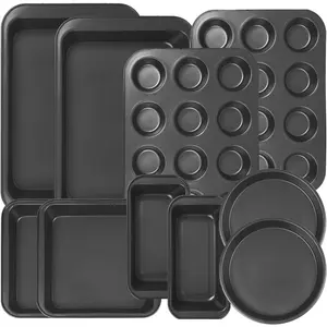 10PCS Nonstick Baking Pans Set - Non Toxic Bakeware Safe for Oven and Dishwasher, Includes Cookie Sheets, Muffin Pan, Bread Pan, Cake Pan, Loaf Pan, Roasting Pan Black