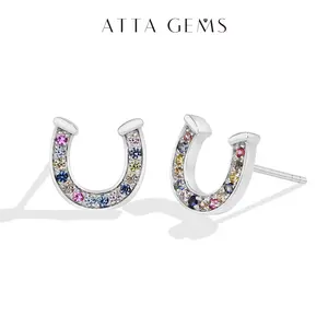 ATTAGEMS Horseshoe Shape Lab-Grown Colorful Stones Ear Stud for Women 925 Sterling Silver Earrings Exquisite Gift Daily Wear Fashion Jewelry E070, Lab-Grown Gems summerwins,summerwins