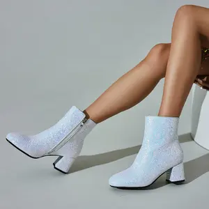 Women's Sequin Glitter Ankle Boots Chunky Heels Sparkly Booties Square Toe Ankle Girl Shoe Round Toe Footwear Walking Shoes Square Toe Stylish