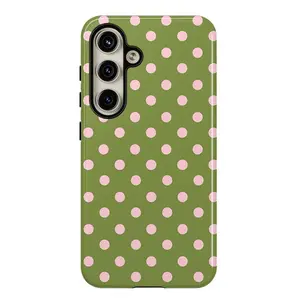 MagSafe/Tough CaseOlive Green with Pink Polka Dots Phone Case,Shockproof Rugged Cover Dual Layer Soft TPU Hard Bumper Shell for Samsung S26 S25 S24 S23 S22 S21, Compatible with Iphone 11, 12, 13, 14, 15 16E  17 Pro Max and Pro Plus