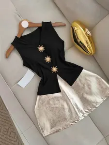 Women's Fashion New Knitted Sunflower Metal Decorative Buckle Elegant Chic Sleeveless Waist Cinching Slimming Crop Top, Party Dress-Up
