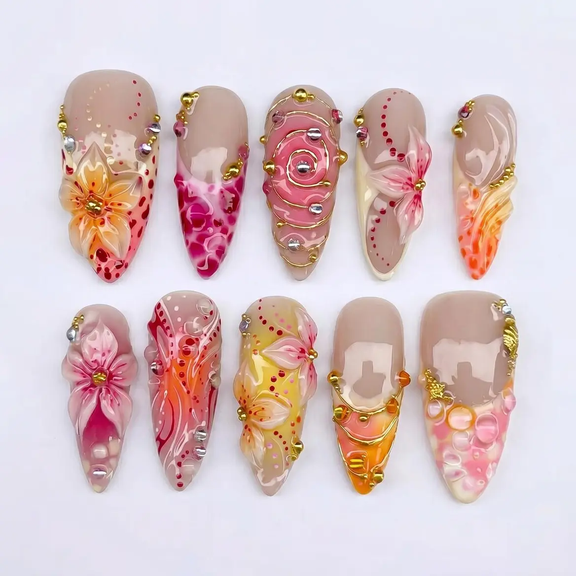 Mismatched Abstract Press on Nails with 3D Flower, Gold Wire & Water Drop | Fake Nails in Almond | Elegant Floral Handmade Art
