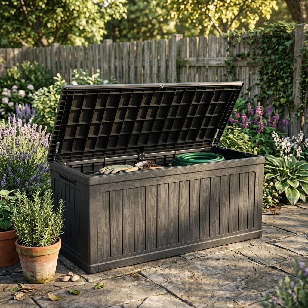 260 Gallon Outdoor Storage Deck Box with Seating Heavy Duty Waterproof Resin Bench for Patio Garden Backyard Poolside Organization Lockable Lid Easy Lift Wood Look Black Storage