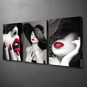 3pc-Glam Woman Wall Art, Modern Chic Wall Poster, Fashion Red Lips Printing, Red and Black Canvas Decoration, Bedroom Aesthetic, Perfect Gift for Her & Housewarming, Unframed.