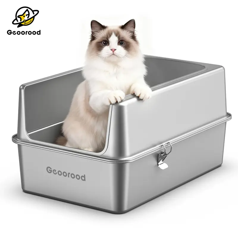Geoorood All-Metal Stainless Steel Closed Litter Box with Metal Lid - 17.7" Roomy Size (17.7x13.8x11.8 inches) for Large Cats, Rust-Resistant, Odor Control, Easy to Clean, Waste Management, Durable Set with 4 Anti-Slip Pads & Scoop