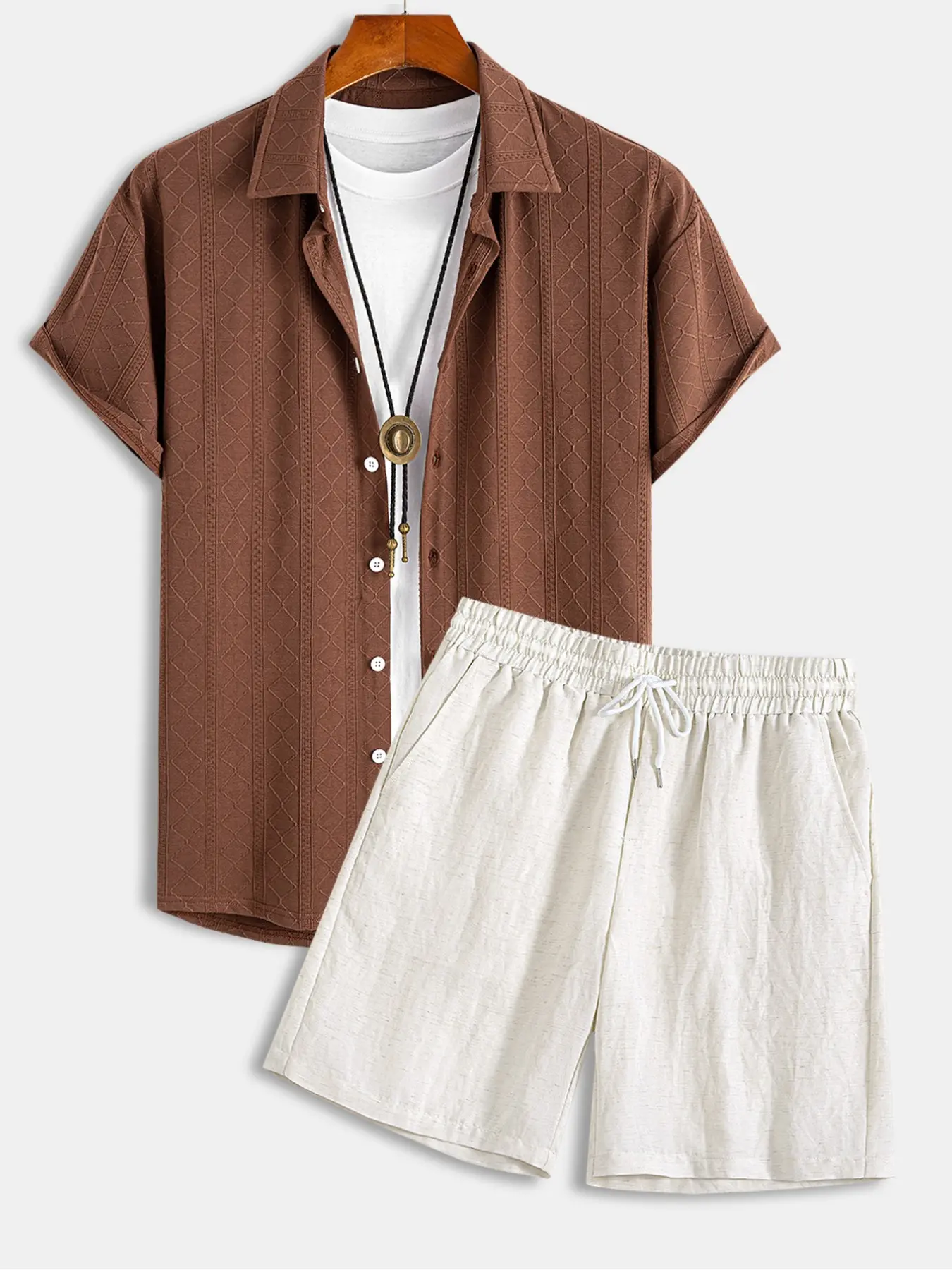 Men's Stretch Knit Jacquard Short Sleeve Shirt & Linen Blend Shorts Set, Matching Outfits Set 2 Piece Breathable Casual Summer Menswear for Beach Vacation Daily