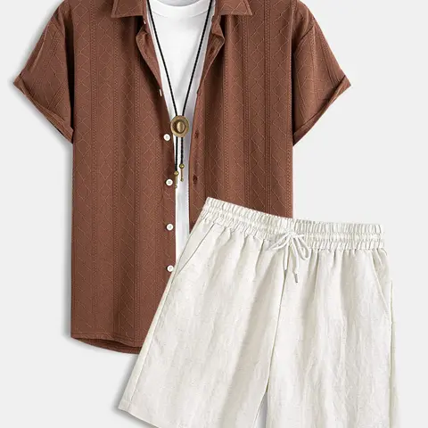 Men's Stretch Knit Jacquard Short Sleeve Shirt & Linen Blend Shorts Set 2 Piece Breathable Casual Summer Menswear for Beach Vacation Daily Classic Sets