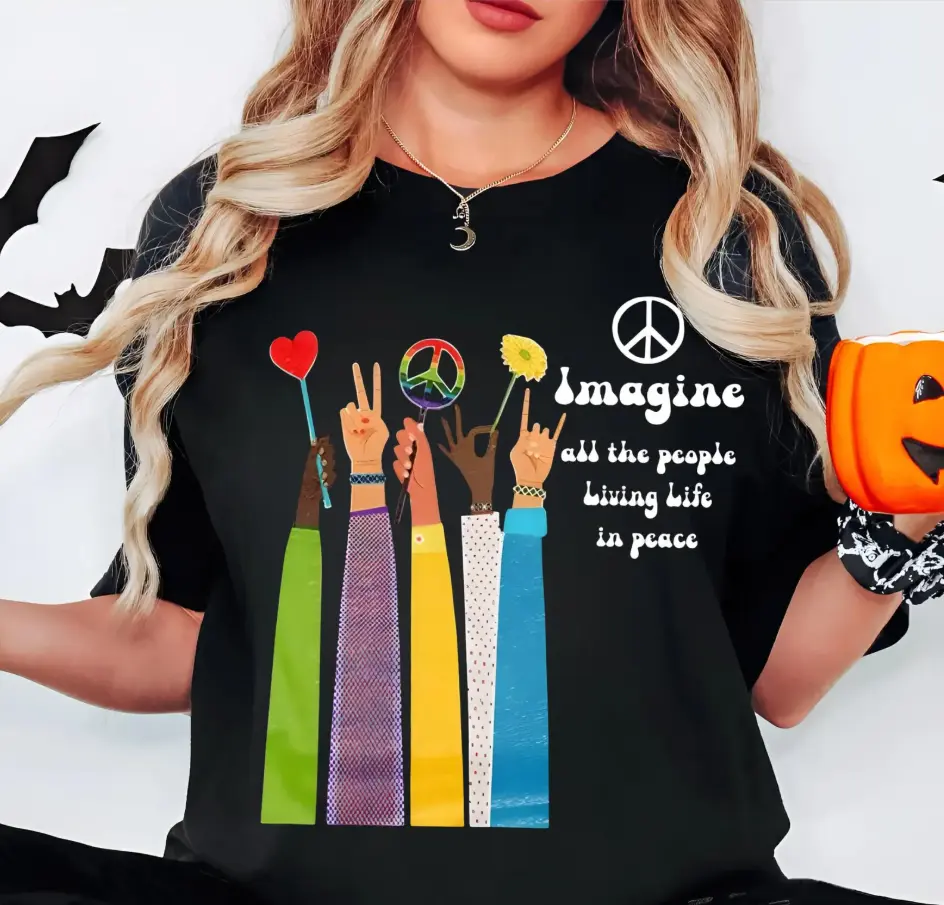 All The People Imagine Living Life In Peace T-Shirt, John Lennon Music, Beatles Song Lyrics Shirt, Vintage Hippie Life Tee, Vintage Unisex T-Shirt, Full Sizes, Full Colors
