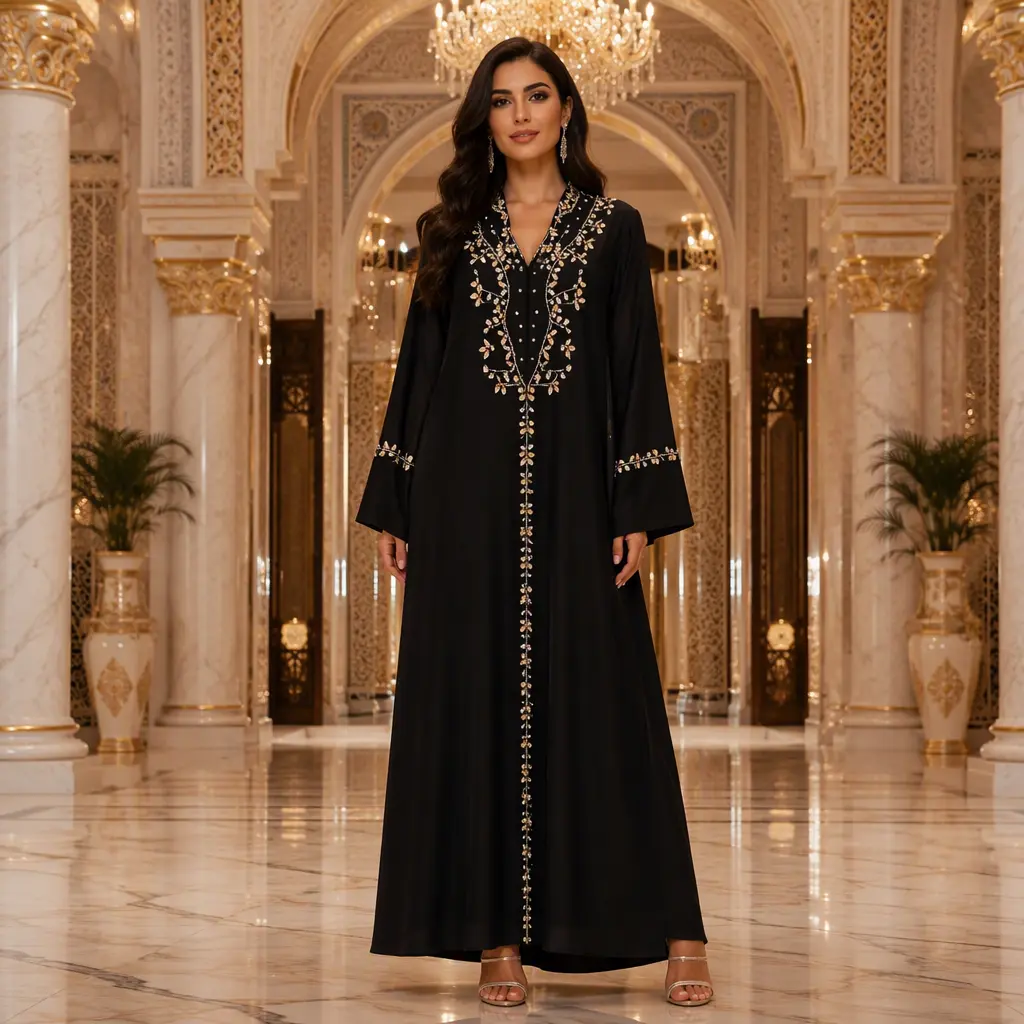 Luxury Rhinestone Embroidered Abaya | Elegant A-Line Maxi Dress for Eid & Weddings