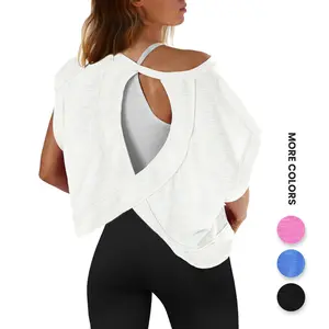 Aswulk Womens Open Back Workout Top Oversized Workout T Shirts Backless Athletic Shirt Short Sleeve Baby Tee