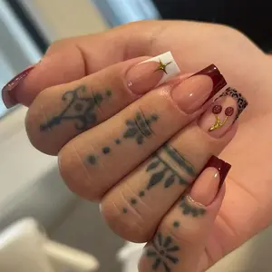 Cherry Leopard Print Red White Star French Tip Short Square Summer Press On Nails – 24 pcs Fake Nails, Kit with Jelly Glue & File