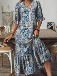 Elegant Bohemian Floral Dress, Spring & Fall Casual Long Gown, Short Sleeves, Loose Fit, Comfortable Wear, Women's Fashion