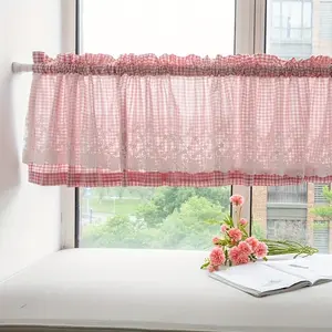 1pc Country Style Plaid Sheer Short Curtain with Lace Rod Pocket, Perfect for Living Room Kitchen Cafe Decor, Fashionable Window Decoration
