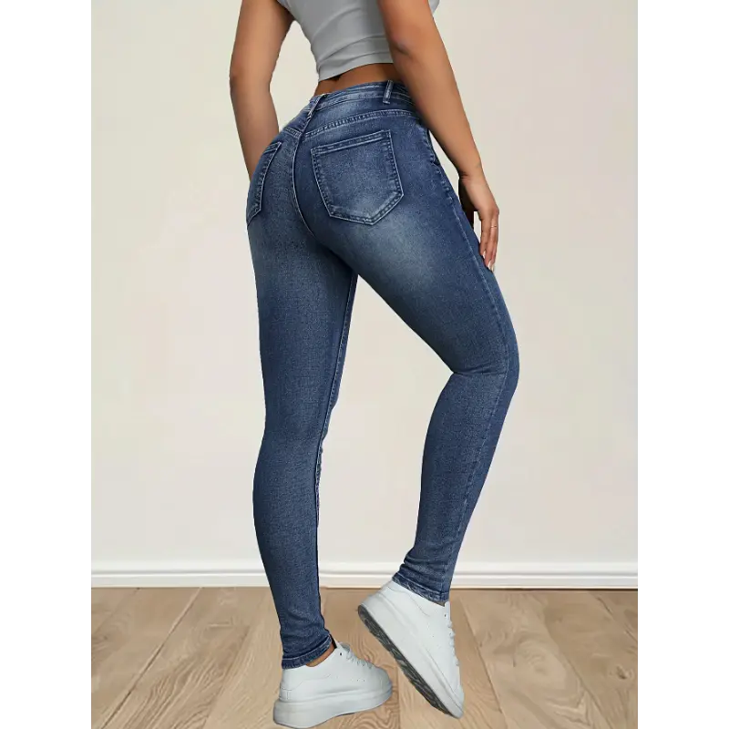 Women's High-Waisted Skinny Fit Stretch Denim Jeans - Elegant Washed Blue Casual Pants with Zipper & Button Closure, All-Season Comfort, Hand Wash Only Womenswear Bottom Spandex Trouser Chic Slim camo pants  teacher outfits teacher outfits Streetwear