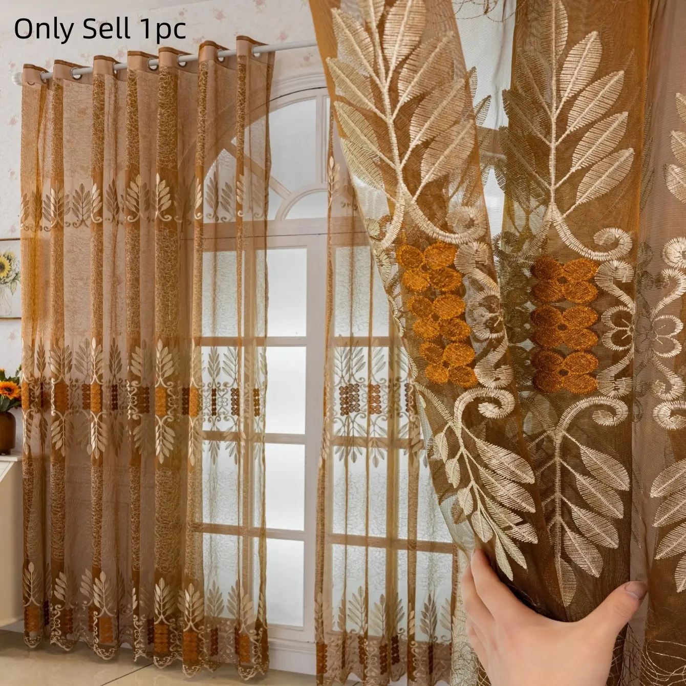 1pc Luxury Caramel Embroidered Curtain, Elegant Embroidery, Semi-Transparent with Holes, Soft Light Filter, Perfect for Living Room, Modern Style, Window Curtain