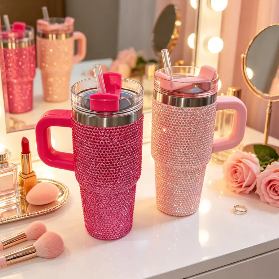 14 oz bling rhinestone studded stainless steel tumbler with handle and flip straw lid, mini sparkly double-wall insulated travel coffee mug, cute aesthetic portable water cup for women and girls’ everyday use