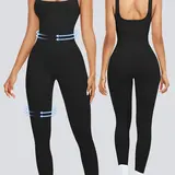 Women's Solid Square Neck Shapewear Jumpsuit, Casual Comfy Tummy Control Seamless Ribbed Jumpsuit for Daily Wear, Ladies Shapewear for All Seasons, Sporty Comfy Jumpsuit, Shaping Jumpsuit, Abdomen Control Jumpsuit, Square Neckline Jumpsuit
