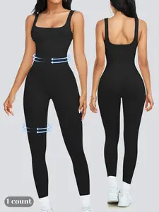 Women's Solid Square Neck Shapewear Jumpsuit, Casual Comfy Tummy Control Seamless Ribbed Jumpsuit for Daily Wear, Ladies Shapewear for All Seasons, Sporty Comfy Jumpsuit, Shaping Jumpsuit, Abdomen Control Jumpsuit, Square Neckline Jumpsuit