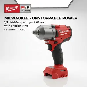Milwaukee M18 FMTIWF12 Medium Torque 1/2 Inch Impact Wrench | Powerful 900 Nm torque for easily loosening nuts. Lightweight design. Suitable for automotive repairs and confined space operations. Tightens M22 bolts. multitool truck tire rechargeable