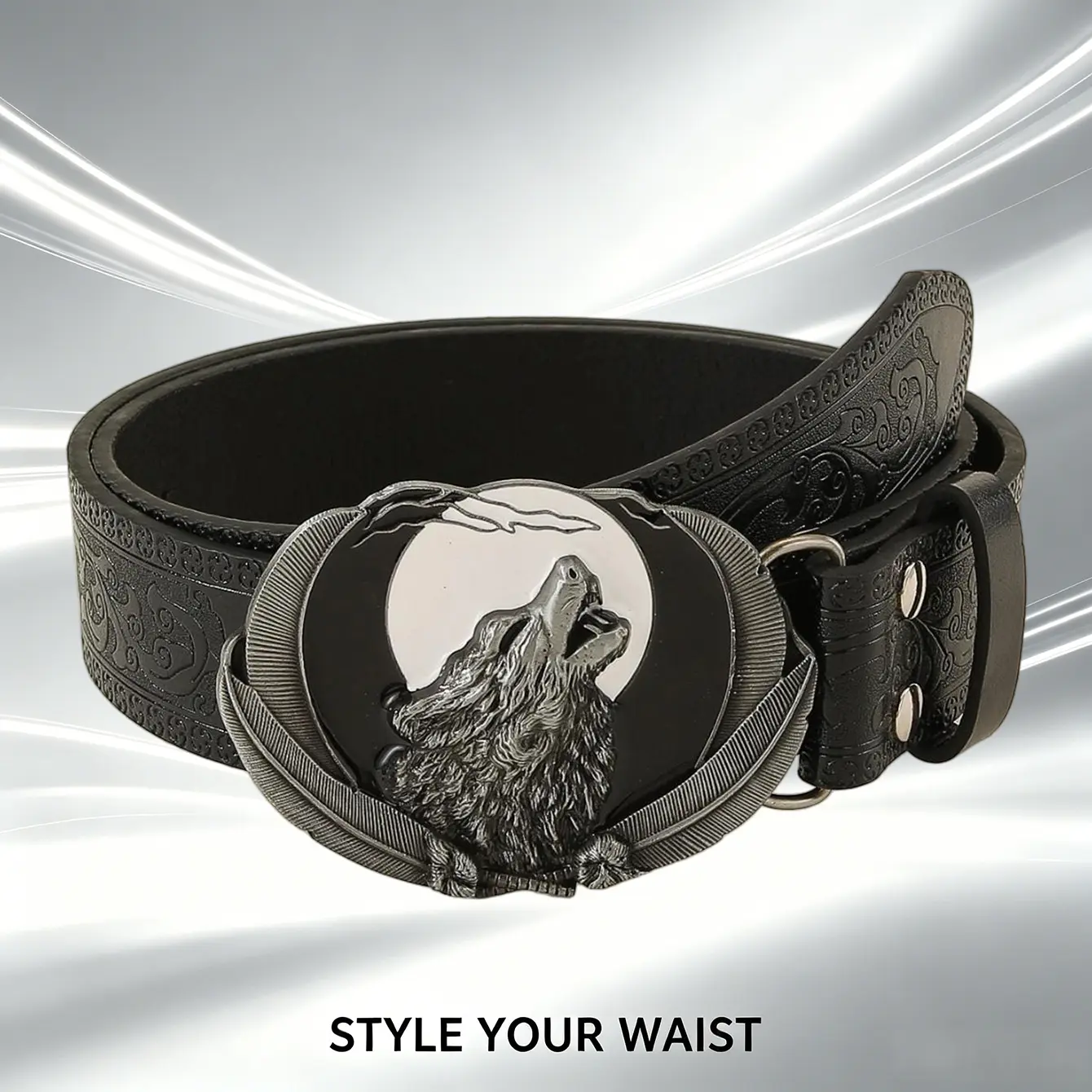 Men’s Western black tooled leather belt with howling wolf buckle, moon and feather accents cowboy belt for rodeo and country style cowgirl