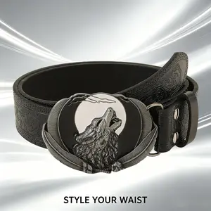 Men’s Western black tooled leather belt with howling wolf buckle, moon and feather accents cowboy belt for rodeo and country style