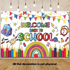 2D Flat 1pc White Welcome Back to School Backdrop First Day of School for Back to School Classroom Party Decorations Welcome Teacher and Students Rainbow Photo Supplies props size is 43.3*70.9in