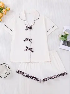 Women's Valentine's Day Pajama Set, Pure Color & Bow Leopard Trim Design, Soft Short Sleeve Top & Elastic Shorts, Casual Home Wear Loungewear