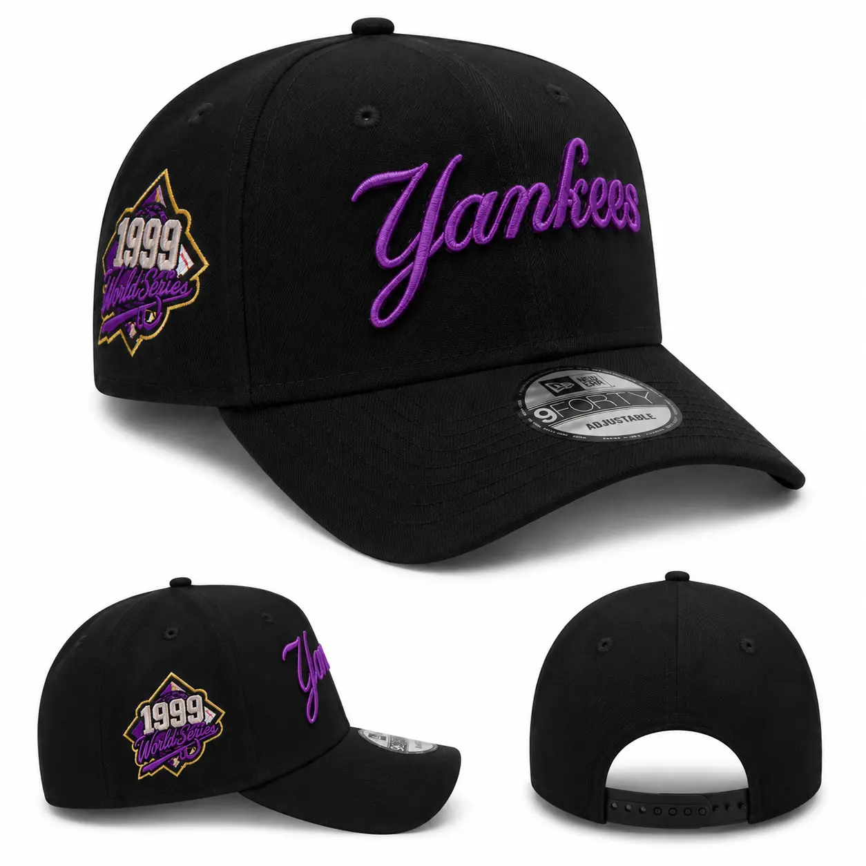 New Era MLB 9FORTY New York Yankees Adjustable Baseball Cap – Black Curved Brim Hat with Purple Embroidery and 1999 World Series Side Patch