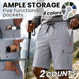 2 Pack Men’s Cargo Hiking Shorts Quick Dry Lightweight Stretch Athletic Shorts for Men with Zipper Pockets Elastic Waist Casual Outdoor Fishing Gym Running Travel Tactical Cargo Shorts Breathable Summer Multi Pocket Shorts No Lining Trouser